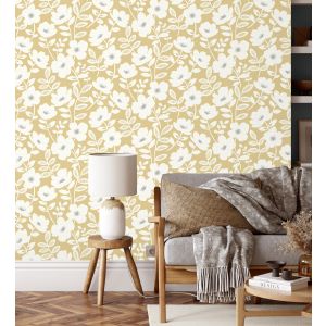 Papel pintado gaulan   de flores blancas y amarillo 5.23m²