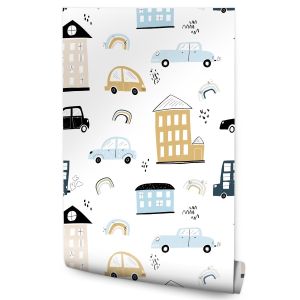 Papel Pintado Casas Coloridas Coches Edificios Autobuses 53cm x 10m