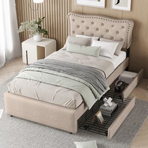Cama tapizada 90x200cm con 2 cajones y cabecero ajustable mdf beige+marrón