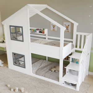 Litera 90x200cm con escalera de almacenaje madera y mdf – blanco y gris