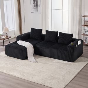 Sofá modular pana negro 4 plazas con bolsillos laterales y portavasos