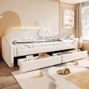 Cama tapizada 90x200cm con cajones e iluminación LED terciopelo beige