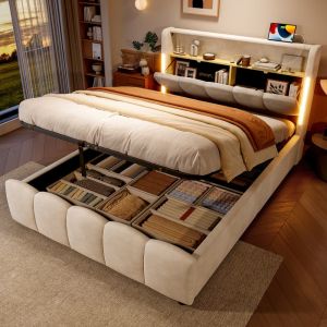 Cama tapizada 140x200 cm con LED, usb y canapé de terciopelo – beige