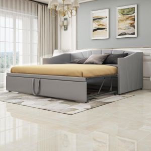 Sofá cama extensible 90x200/180x200 cm con lamas en terciopelo gris