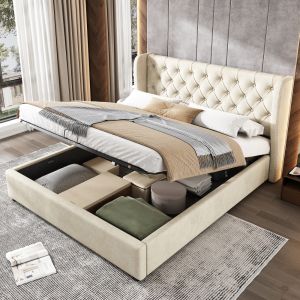 Cama tapizada 140x200cm con canapé hidráulico terciopelo – beige