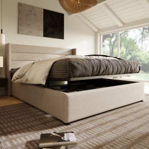 Cama tapizada 180x200cm con canapé hidráulico lino – beige