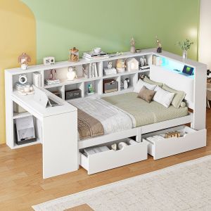 Cama de madera en forma de l,90x200,blanca