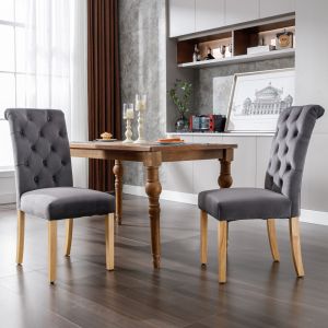 Silla de comedor terciopelo gris set 2 con patas roble curvo
