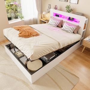 Cama con canapé 140x200 cm con LED y enchufes madera – color blanco