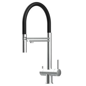 Grifo de cocina 4 vías acero inox ducha 2 chorros, cepillado/negro