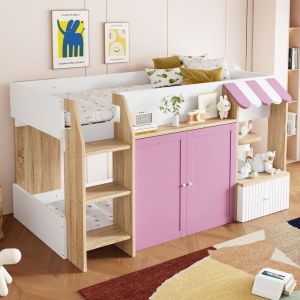 Cama loft infantil 90x200cm, escalera con almacenaje, blanco rosa