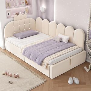 Canapé lit en l con almacenaje 90x200cm terciopelo beige