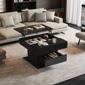 Mesa de centro elevable giratoria con 1 cajón negro brillo 45x70x70cm