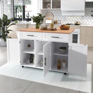 Isla de cocina con mesa abatible 2 cajones blanco natural 91,5x129x71cm