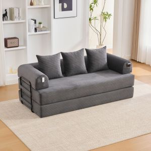Sofá modular plegable pana gris oscuro 3 plazas 3 cojines bolsillo lateral