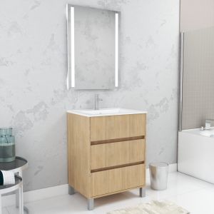 Mueble baño 60cm roble 3 cajones + lavabo + espejo + LED intégré