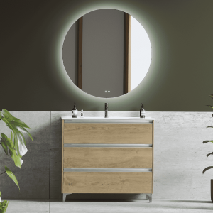 Mueble de baño lavabo cerámico | 3 cajones | 80 cm roble natural tir. Cromo