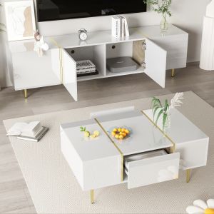 Conjunto de mueble de tv y mesa de centro blanco brillo 170x35x46cm
