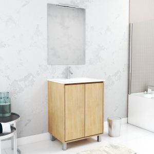 Pack mueble baño 60 cm roble claro 2 puertas + lavabo + espejo