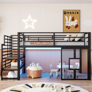 Cama alta 90x200cm con escalera, almacenaje y luz integrada negra