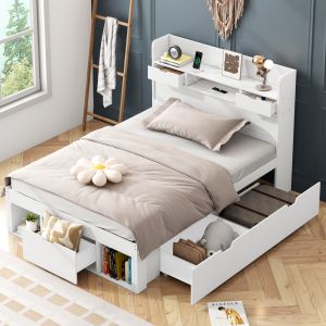 Cama individual 90x200cm con usb y cajones madera y mdf – blanco
