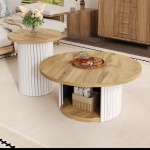Mesa de centro redonda con mesa auxiliar mdf natural 50x75x75cm