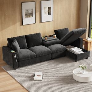 Sofá cama en l chenilla gris 4 plazas mesa abatible almacenaje