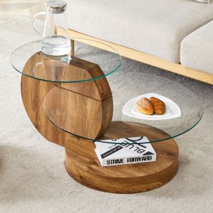 Mesa de centro redonda multinivel cristal y mdf efecto madera ø50/70cm
