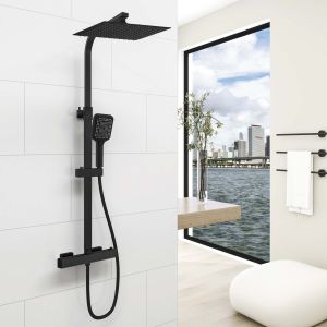 Aica columna ducha termostática 38℃ negro mate 30x30cm alcachofa superior