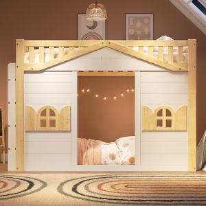 Cama alta 90x200cm con ventana y escalera intercambiable madera blanco
