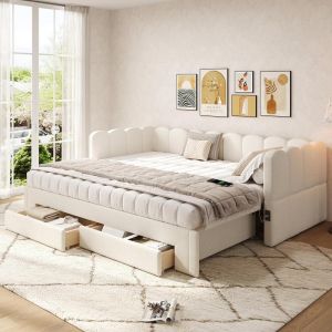 Sofá cama extensible 180cm con almacenaje y 2 cajones 90x200cm beige