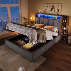 Cama tapizada 90x200cm con usb LED y almacenaje gris