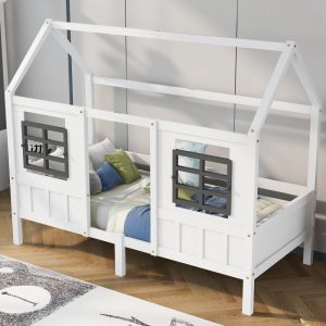 Cama casita 90x200cm con barandilla y ventana madera maciza y mdf – blanco