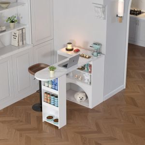 Mesa alta blanca extensible giratoria con almacenaje 120/80x40x100cm