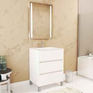 Pack meuble bain 60 cm blanc 3 tiroirs + lavabo + miroir LED
