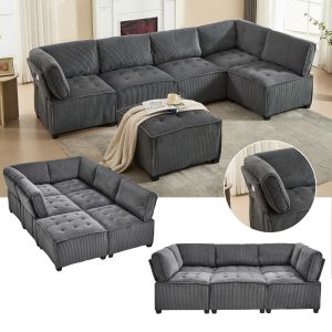 Sofá modular 6 plazas pana gris convertible en u/l con bolsillos