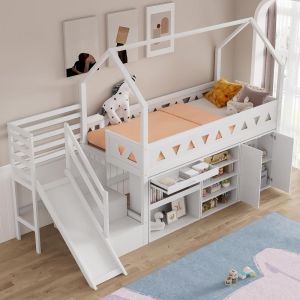 Cama infantil 90x200 cm con tobogán, escalera y cajones, blanca
