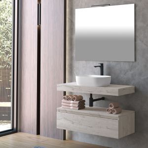 Mueble baño, lavabo, espejo y aplique LED muro 80x45cm roble gris sus.
