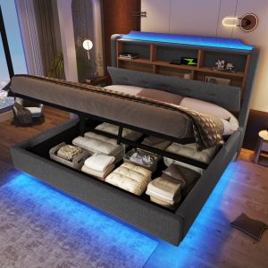 Cama tapizada 140x200 cm con LED, carga usb y canapé hidráulico lino – gris
