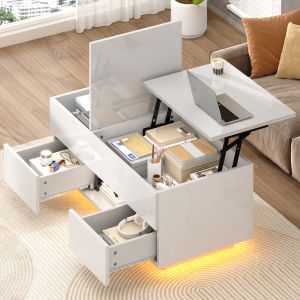 Mesa de centro elevable con LED y 2 cajones blanco 43x100x45cm
