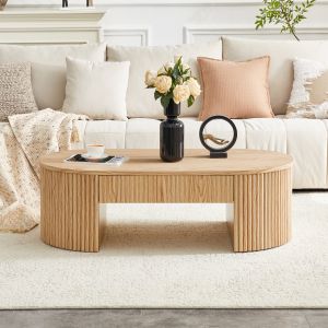 Mesa de centro ovalada con 1 cajón mdf roble claro
