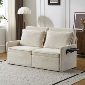 Sofá cama plegable chenilla beige 3 plazas con usb y bolsillos laterales