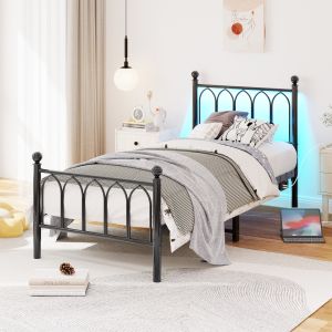 Cama metálica 90x200 cm con LED y puertos usb mdf y metal – color negro