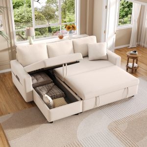 Sofá cama chaise longue reversible de lino beige 3 plazas con almacenaje