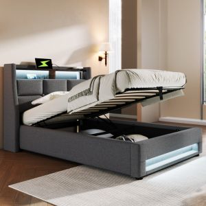 Cama tapizada 90x200cm con LED y usb lino – gris