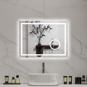 Espejo de baño LED aica de 80 × 60 cm con bluetooth,reloj,lupa 3x