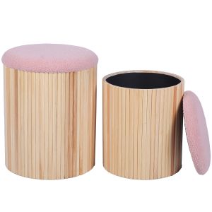 Set 2 pufs madera natural con tapa rosa acolchada