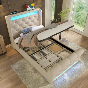 Cama con canapé 90x200cm abatible, LED y usb en terciopelo suave – beige