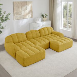 Sofá modular en u 3 plazas 2 otomanas tejido polar amarillo