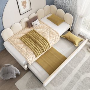 Cama tapizada 90x200 cm con cama nido extraíble de terciopelo – color beige